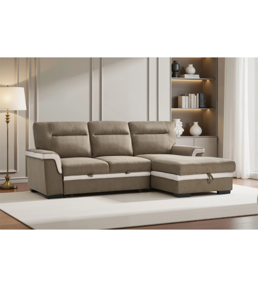 DIVANO LETTO ANGOLARE "ERIKA" IN TESSUTO MARRONE CON PENISOLA A SINISTRA 254X92/165X102 CM