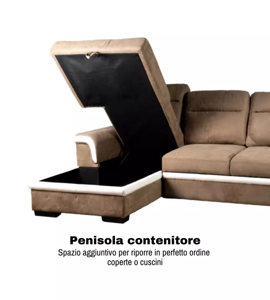 DIVANO LETTO ANGOLARE "ERIKA" IN TESSUTO MARRONE CON PENISOLA A SINISTRA 254X92/165X102 CM