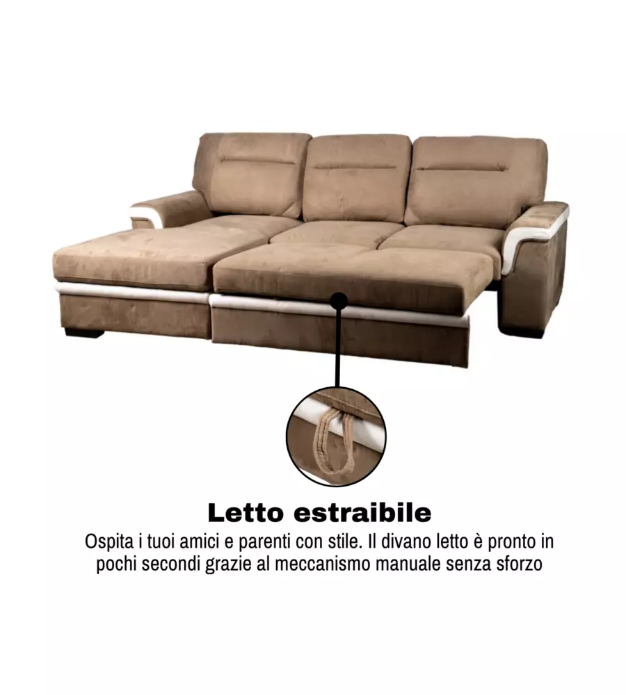 DIVANO LETTO ANGOLARE "ERIKA" IN TESSUTO MARRONE CON PENISOLA A SINISTRA 254X92/165X102 CM
