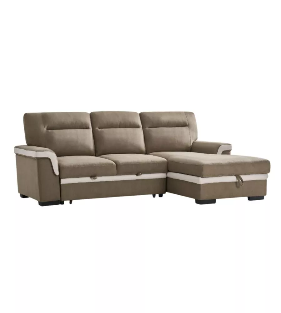 DIVANO LETTO ANGOLARE "ERIKA" IN TESSUTO MARRONE CON PENISOLA A SINISTRA 254X92/165X102 CM