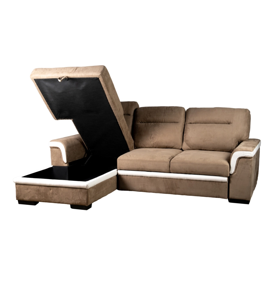DIVANO LETTO ANGOLARE "ERIKA" IN TESSUTO MARRONE CON PENISOLA A SINISTRA 254X92/165X102 CM