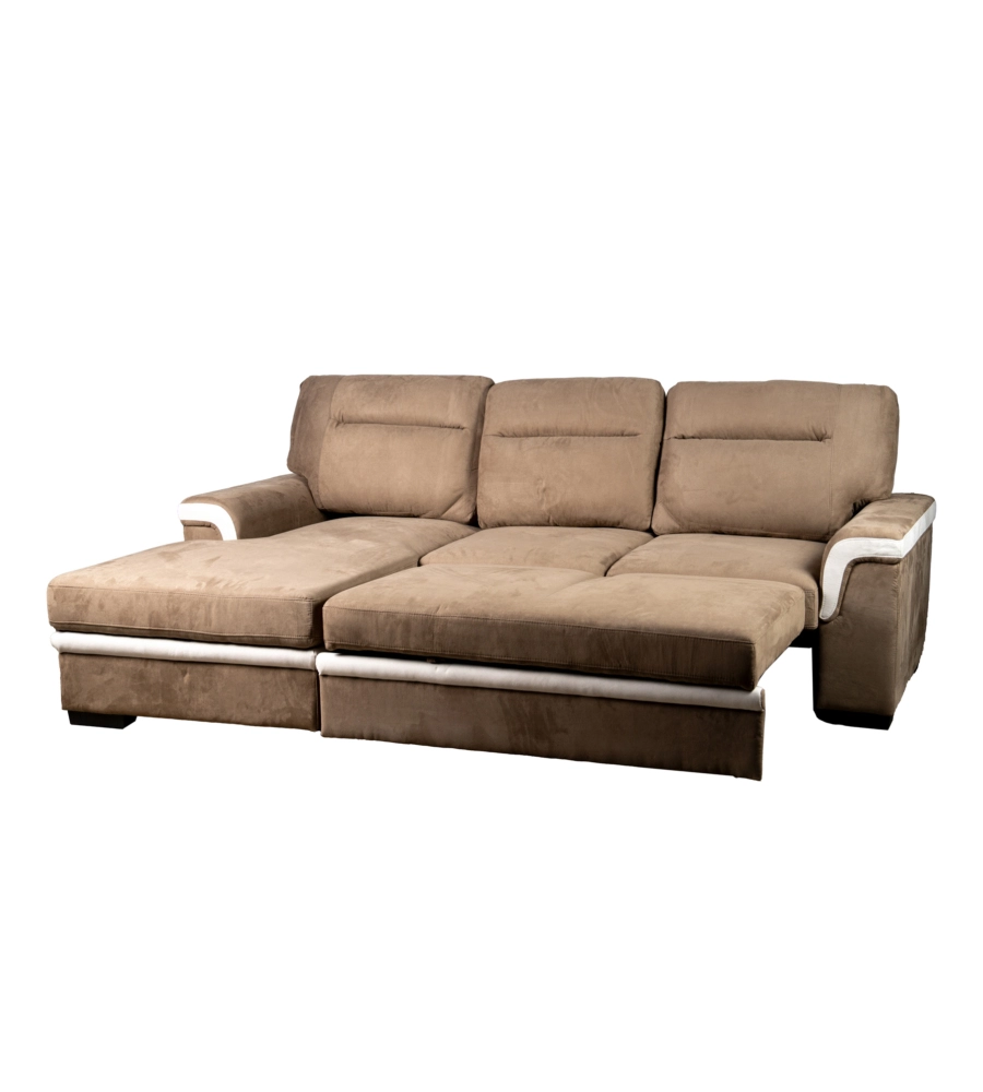 DIVANO LETTO ANGOLARE "ERIKA" IN TESSUTO MARRONE CON PENISOLA A SINISTRA 254X92/165X102 CM