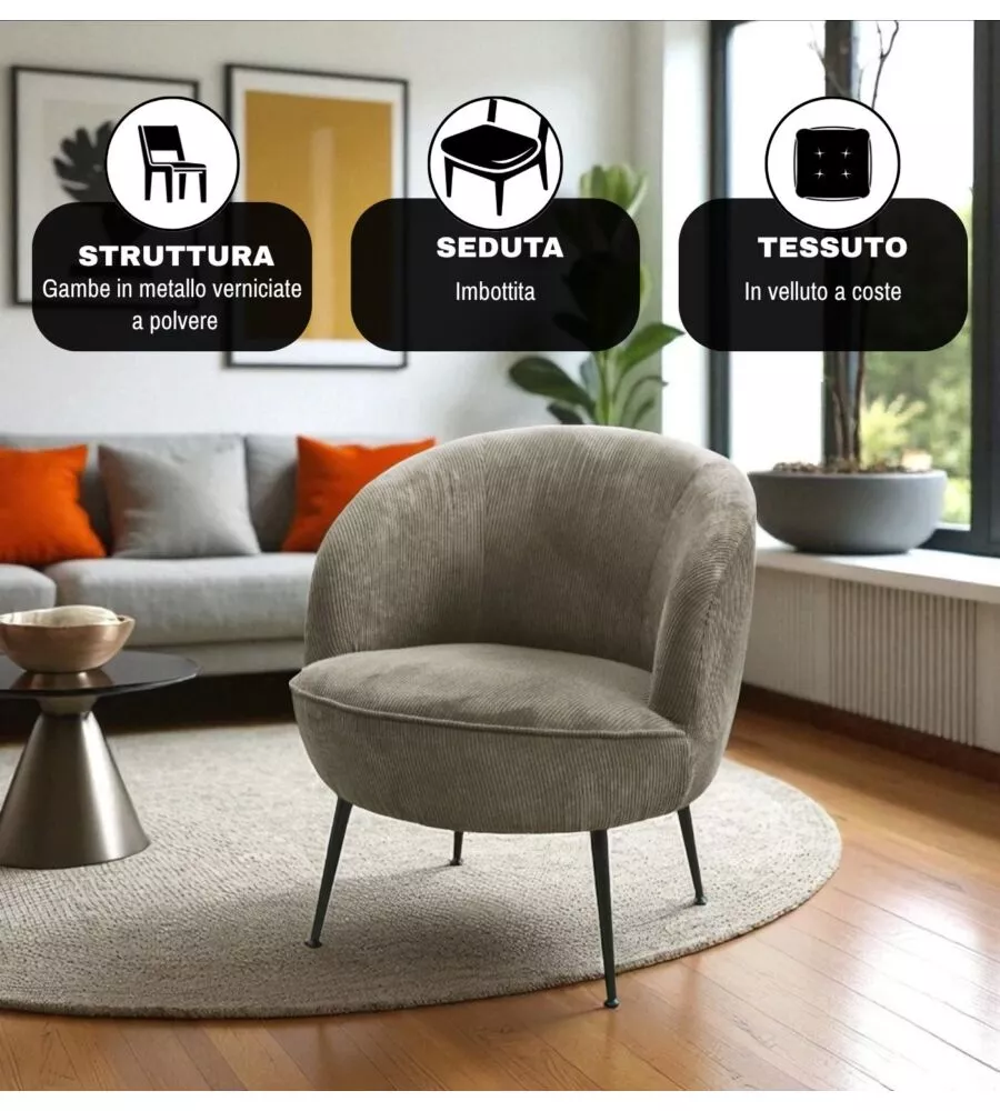 POLTRONA "NORA" IN VELLUTO A COSTE GRIGIO 63X71X71 CM