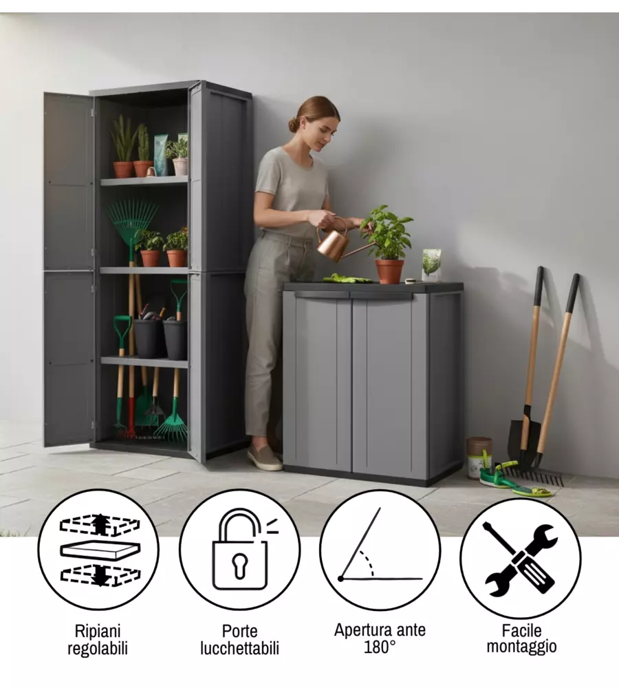 SET 2 ARMADI ALTO E BASSO TERRY IN POLIPROPILENE GRIGIO 68X37,5X85/163,5 CM