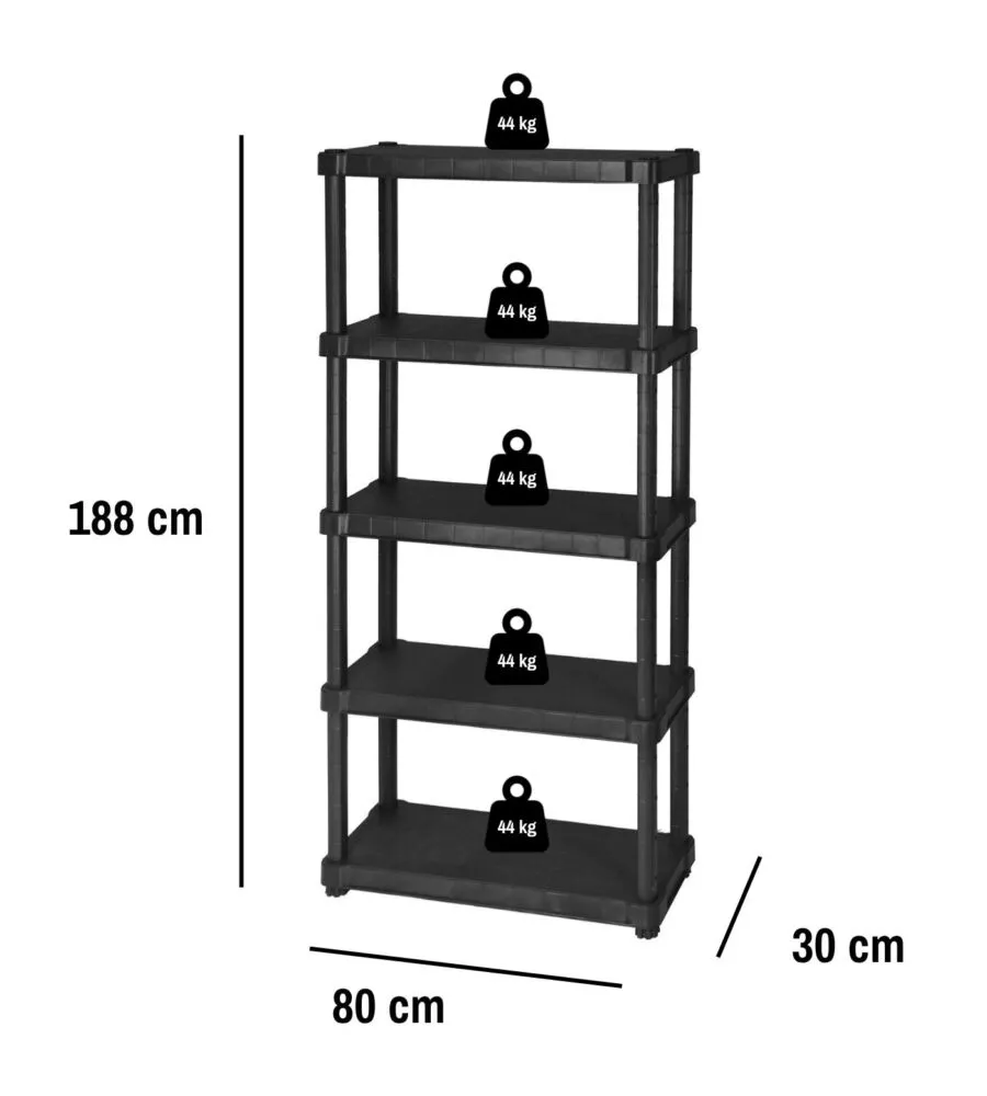 SCAFFALE 5 RIPIANI IN POLIPROPILENE "OCEANO" NERO 80X30X188 CM