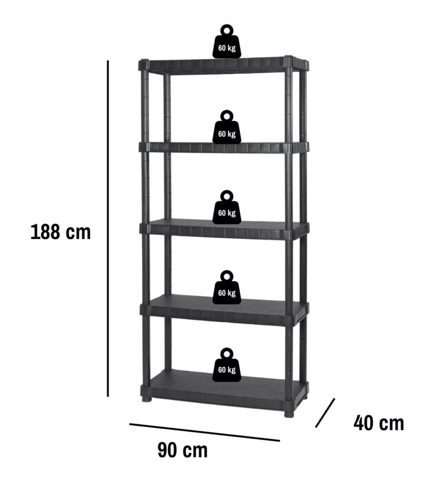 SCAFFALE 5 RIPIANI IN POLIPROPILENE "URANO" NERO 90X40X188 CM