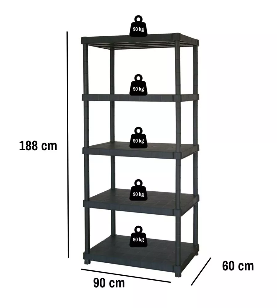 SCAFFALE 5 RIPIANI IN POLIPROPILENE "KRIOS" NERO 90X60X188 CM