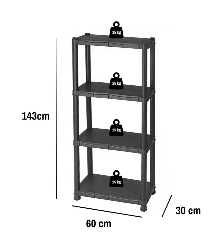 SCAFFALE 4 RIPIANI IN POLIPROPILENE "IPERIONE" NERO 60X30X143 CM