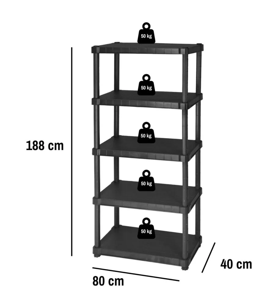 SCAFFALE 5 RIPIANI IN POLIPROPILENE "HELIOS" NERO 80X40X188 CM