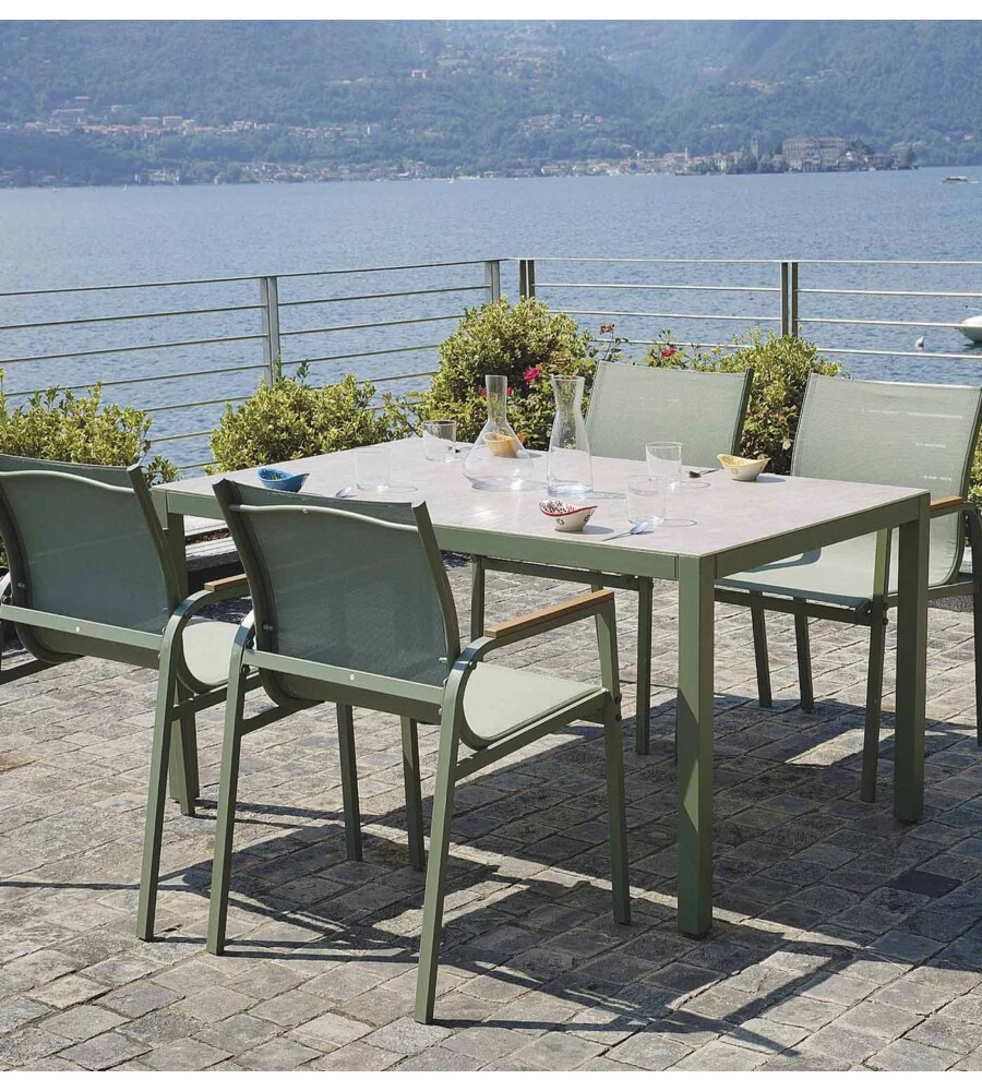 SET DA GIARDINO SOLARIA "TARQUINIA" VERDE IN FERRO E VETROCERAMICA 4 SEDUTE E TAVOLO