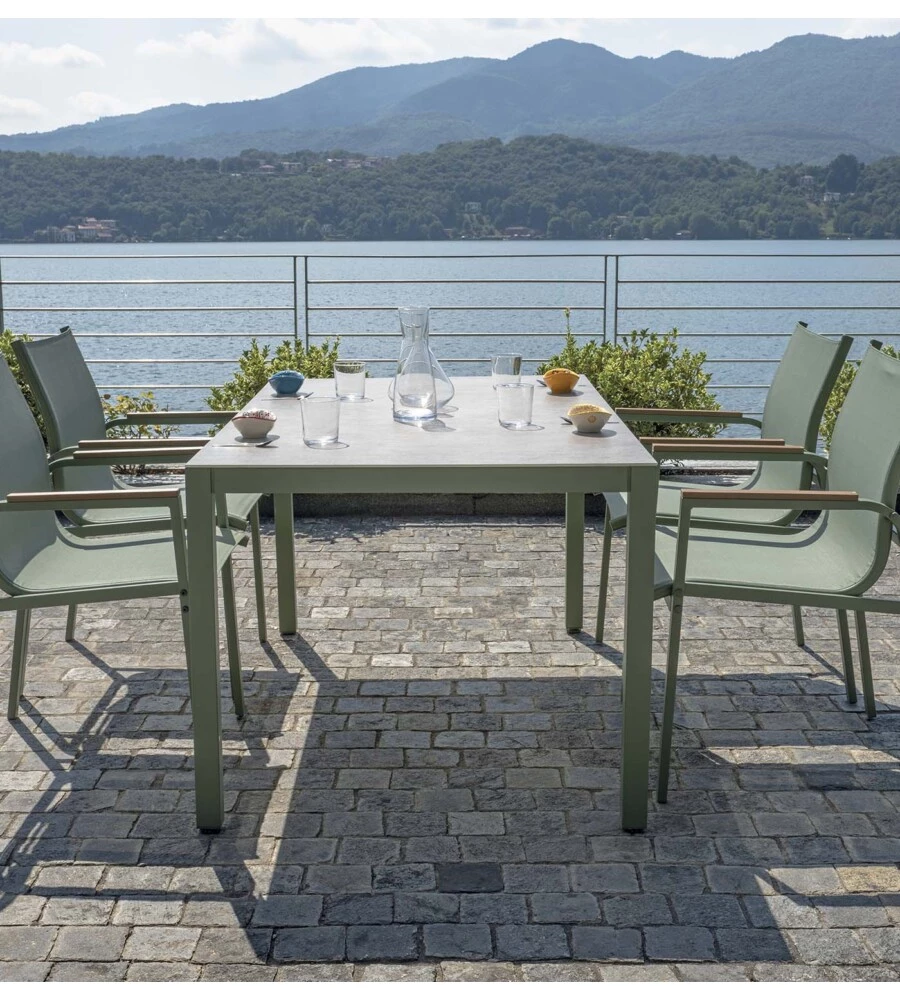 SET DA GIARDINO SOLARIA "TARQUINIA" VERDE IN FERRO E VETROCERAMICA 4 SEDUTE E TAVOLO