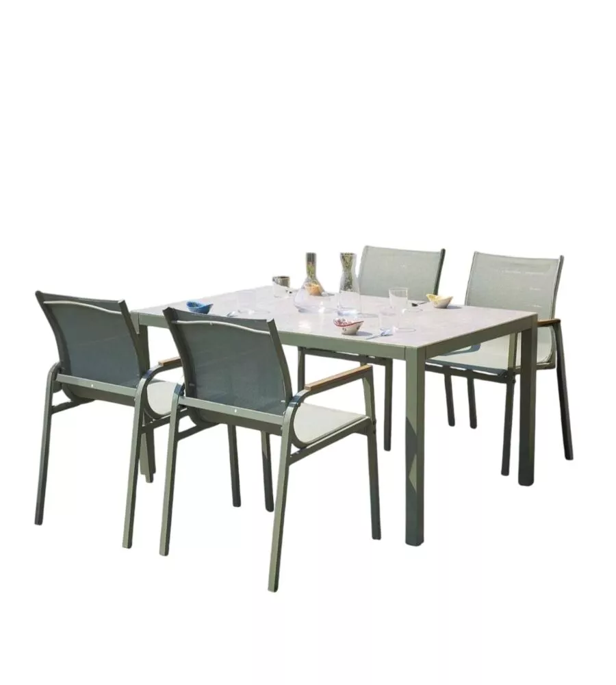 SET DA GIARDINO SOLARIA "TARQUINIA" VERDE IN FERRO E VETROCERAMICA 4 SEDUTE E TAVOLO
