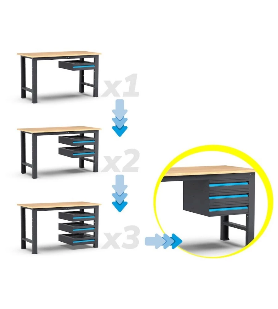 BANCO DA LAVORO GARAGE FISSO FAMI "LINEA 391" IN LEGNO DI FAGGIO E LAMIERA GRIGIO ANTRACITE 200X75X87,7 CM