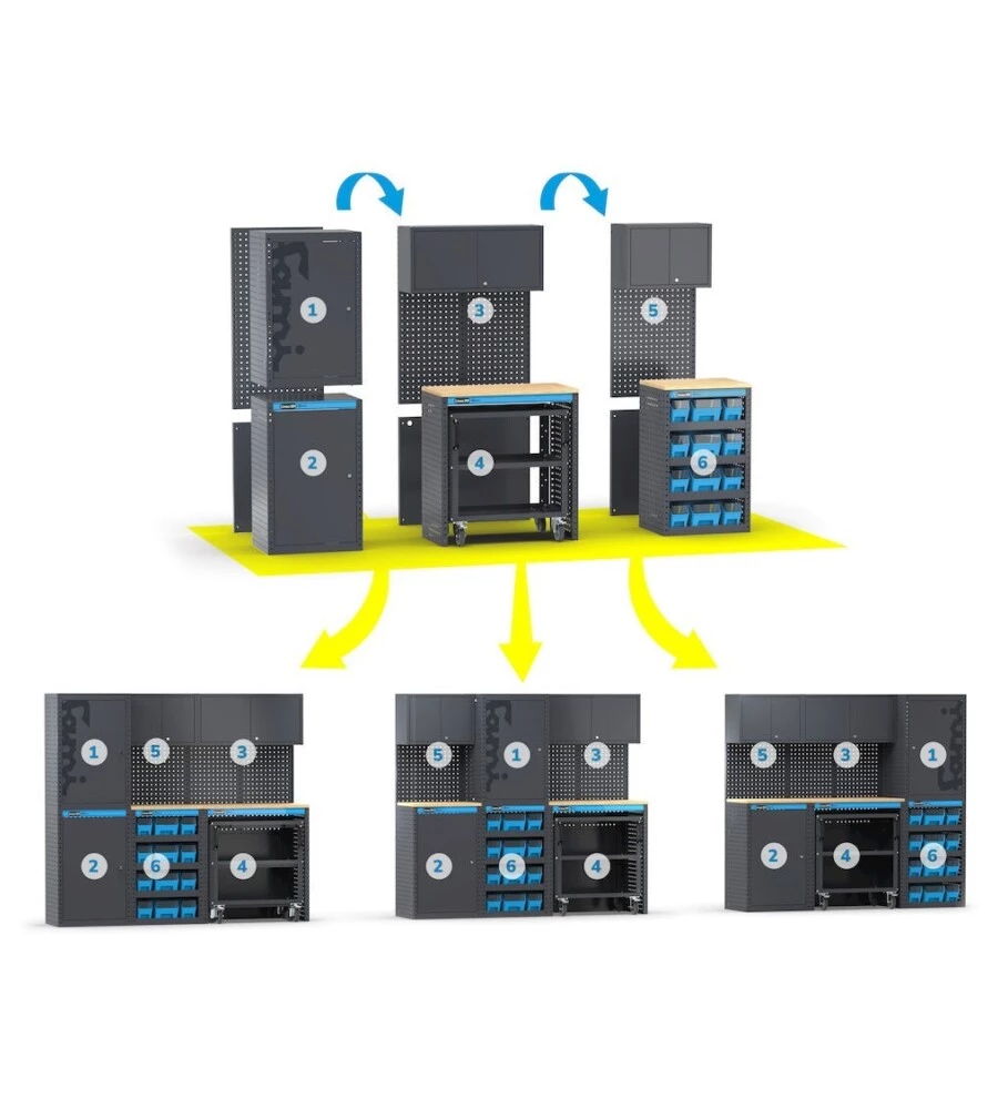 ARREDAMENTO MODULARE GARAGE FAMI "LINEA 391" CON ARMADI 1 ANTA E CASSETTIERE IN LAMIERA ANTRACITE 182,4X49,5X190 CM