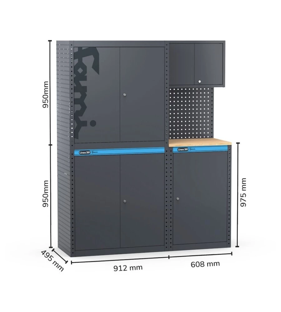 ARREDAMENTO MODULARE GARAGE FAMI "LINEA 391" CON ARMADI ANTA A BATTENTE IN LAMIERA ANTRACITE 152X49,5X190 CM
