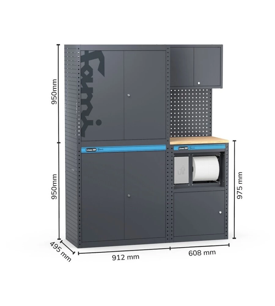 ARREDAMENTO MODULARE GARAGE FAMI "LINEA 391" CON ARMADI A 2 ANTE E MODULO DI SERVIZIO IN LAMIERA ANTRACITE 152X49,5X190 CM