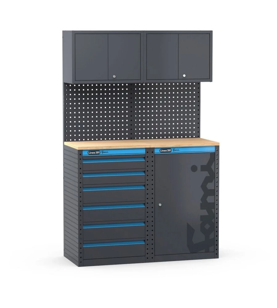 ARREDAMENTO MODULARE GARAGE FAMI "LINEA 391" CON CASSETTIERA E ARMADIO A 1 ANTA IN LAMIERA ANTRACITE 121,6X49,5X190 CM