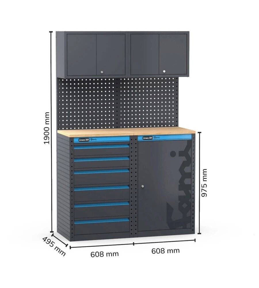 ARREDAMENTO MODULARE GARAGE FAMI "LINEA 391" CON CASSETTIERA E ARMADIO A 1 ANTA IN LAMIERA ANTRACITE 121,6X49,5X190 CM