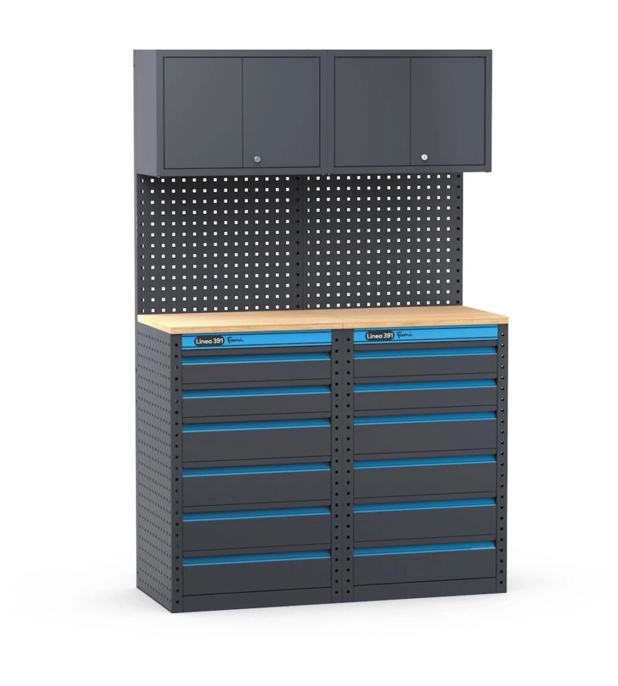 ARREDAMENTO MODULARE GARAGE FAMI "LINEA 391" CON CASSETTIERE IN LAMIERA ANTRACITE 121,6X49,5X190 CM