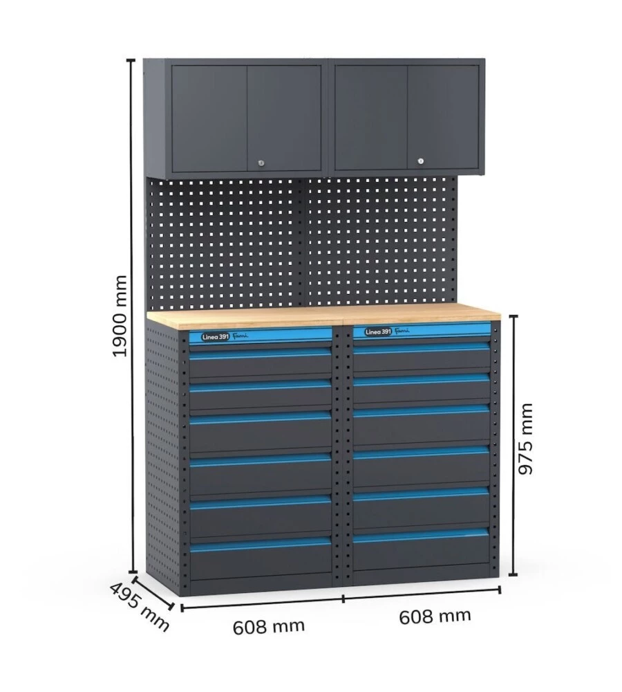 ARREDAMENTO MODULARE GARAGE FAMI "LINEA 391" CON CASSETTIERE IN LAMIERA ANTRACITE 121,6X49,5X190 CM