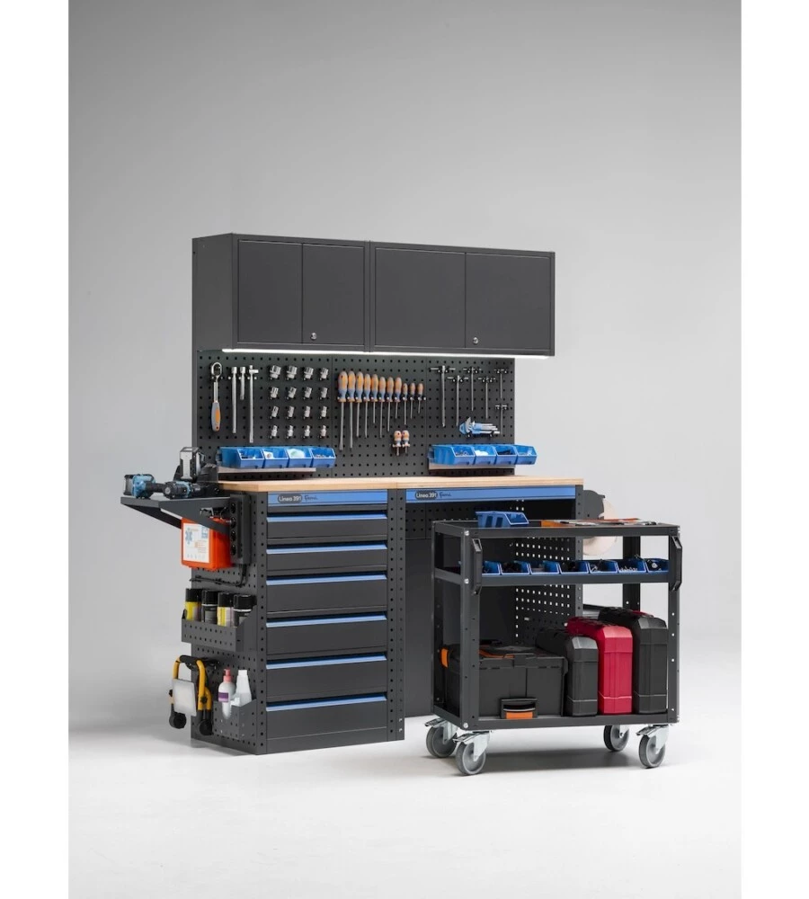 ARREDAMENTO MODULARE GARAGE FAMI "LINEA 391" CON CASSETTIERA E CARRELLO A 3 PIANI IN LAMIERA ANTRACITE 152X49,5X190 CM