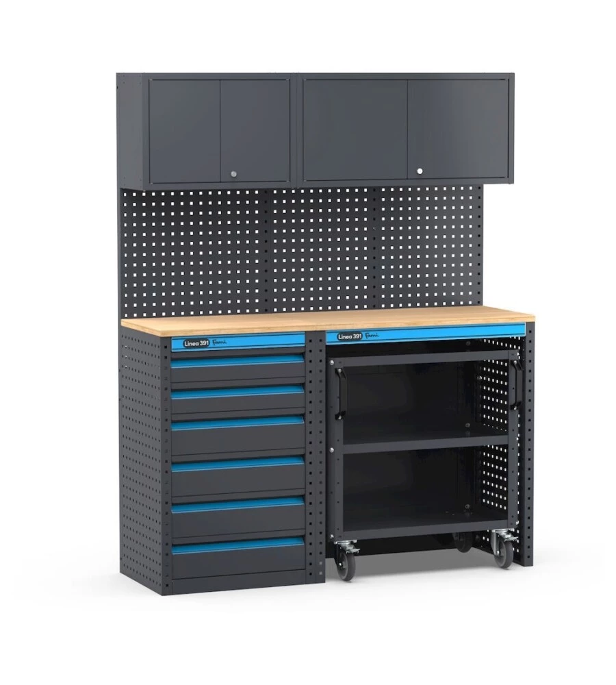 ARREDAMENTO MODULARE GARAGE FAMI "LINEA 391" CON CASSETTIERA E CARRELLO A 3 PIANI IN LAMIERA ANTRACITE 152X49,5X190 CM