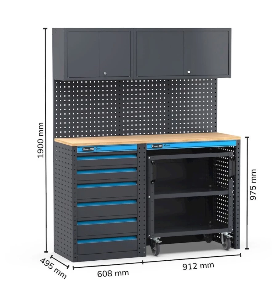 ARREDAMENTO MODULARE GARAGE FAMI "LINEA 391" CON CASSETTIERA E CARRELLO A 3 PIANI IN LAMIERA ANTRACITE 152X49,5X190 CM