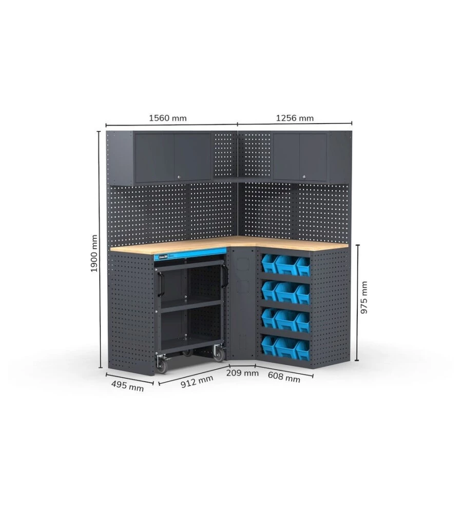 ARREDAMENTO MODULARE GARAGE FAMI "LINEA 391" ANGOLARE IN LAMIERA ANTRACITE 156+125,6X495X190 CM