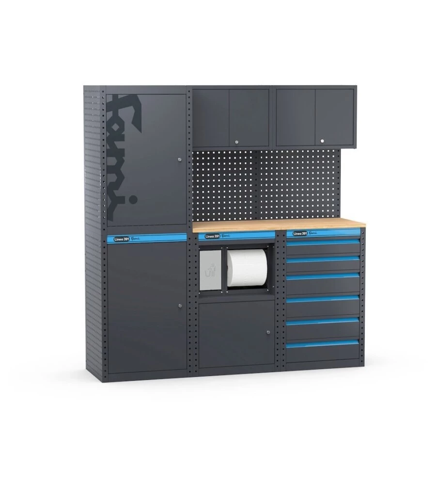 ARREDAMENTO MODULARE GARAGE FAMI "LINEA 391" CON ARMADI A 1 ANTA, MODULO DI SERVIZIO E CASSETTIERA IN LAMIERA ANTRACITE 182,4X49,5X190 CM