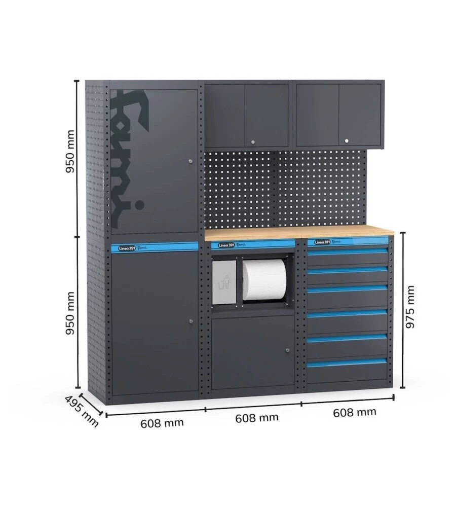 ARREDAMENTO MODULARE GARAGE FAMI "LINEA 391" CON ARMADI A 1 ANTA, MODULO DI SERVIZIO E CASSETTIERA IN LAMIERA ANTRACITE 182,4X49,5X190 CM
