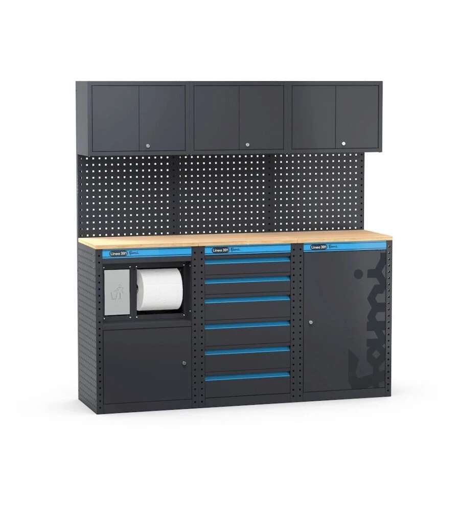 ARREDAMENTO MODULARE GARAGE FAMI "LINEA 391" CON MODULO DI SERVIZIO, CASSETTIERA E ARMADIO 1 ANTA IN LAMIERA ANTRACITE 182,4X49,5X190 CM