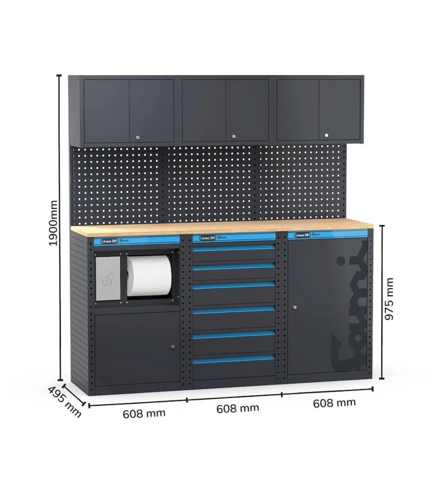 ARREDAMENTO MODULARE GARAGE FAMI "LINEA 391" CON MODULO DI SERVIZIO, CASSETTIERA E ARMADIO 1 ANTA IN LAMIERA ANTRACITE 182,4X49,5X190 CM