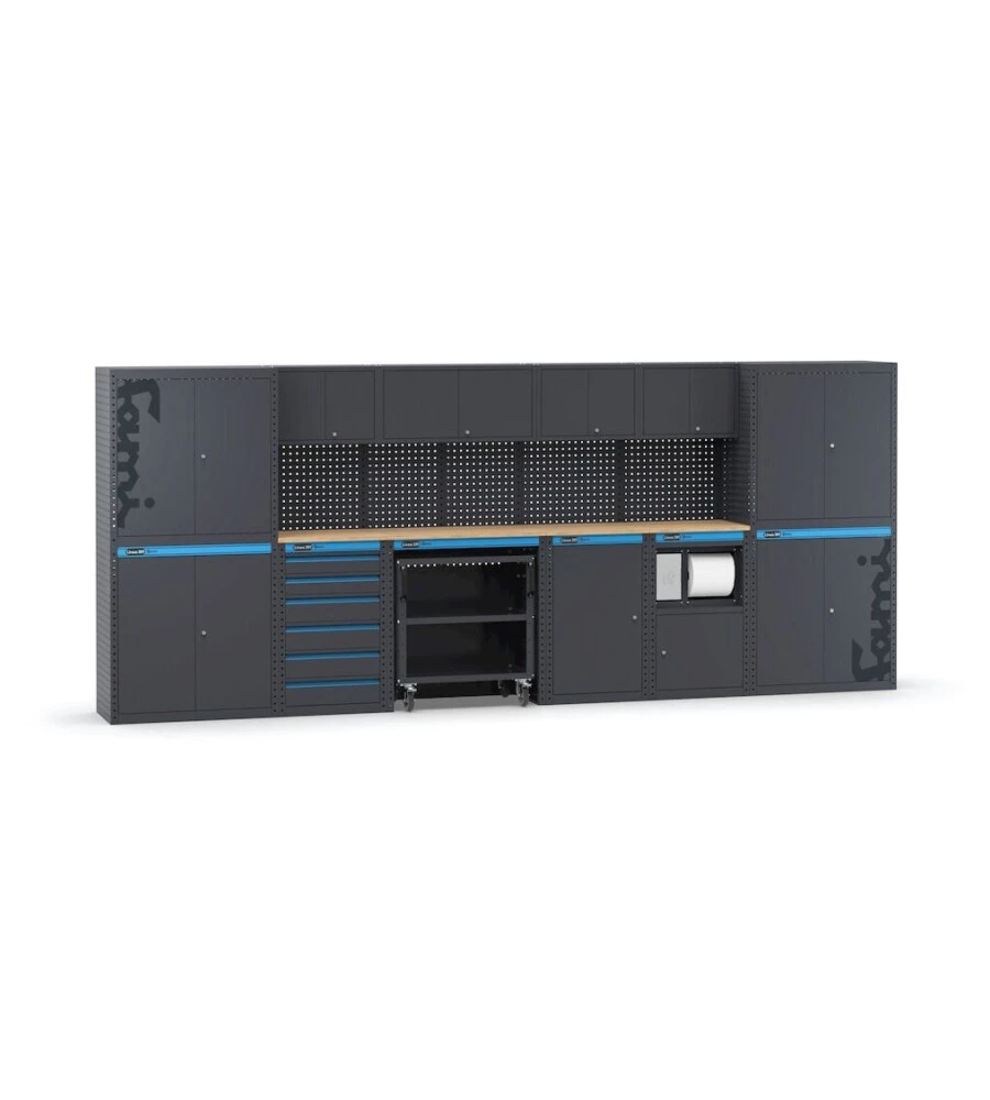 ARREDAMENTO MODULARE GARAGE FAMI "LINEA 391" CON ARMADI AD ANTA, CASSETTIERA, CARRELLO E MODULO DI SERVIZIO IN LAMIERA ANTRACITE 456X49,5X190 CM