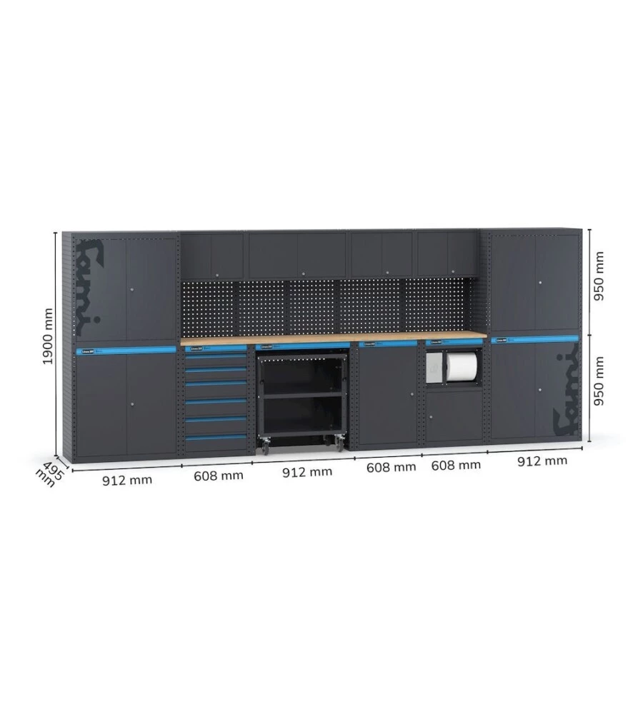 ARREDAMENTO MODULARE GARAGE FAMI "LINEA 391" CON ARMADI AD ANTA, CASSETTIERA, CARRELLO E MODULO DI SERVIZIO IN LAMIERA ANTRACITE 456X49,5X190 CM