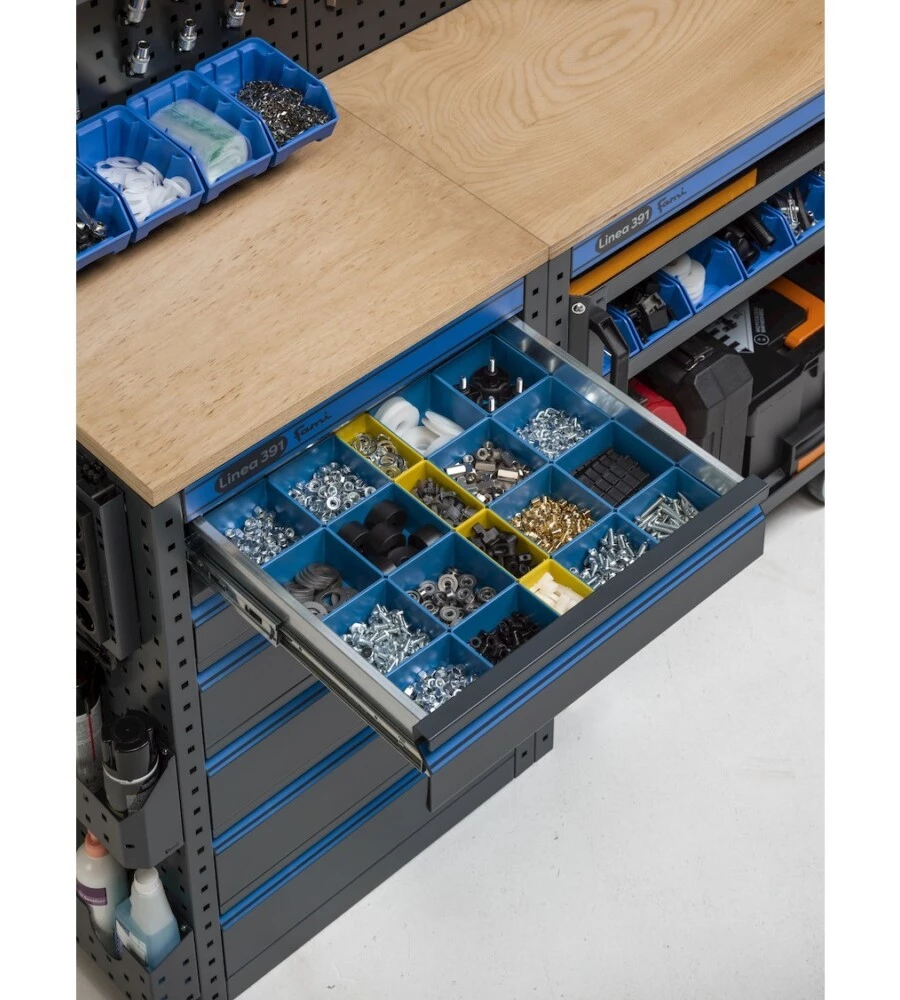 ARREDAMENTO MODULARE GARAGE FAMI "LINEA 391" CON ARMADI A UN ANTA, MODULO DI SERVIZIO, CASSETTIERA, CARRELLO E CONTENITORI IN LAMIERA ANTRACITE 395,2X49,5X190 CM