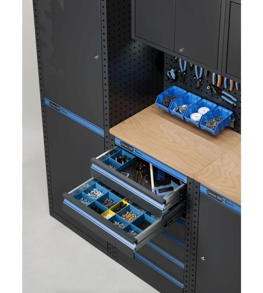 ARREDAMENTO MODULARE GARAGE FAMI "LINEA 391" CON ARMADI A UN ANTA, MODULO DI SERVIZIO, CASSETTIERA, CARRELLO E CONTENITORI IN LAMIERA ANTRACITE 395,2X49,5X190 CM