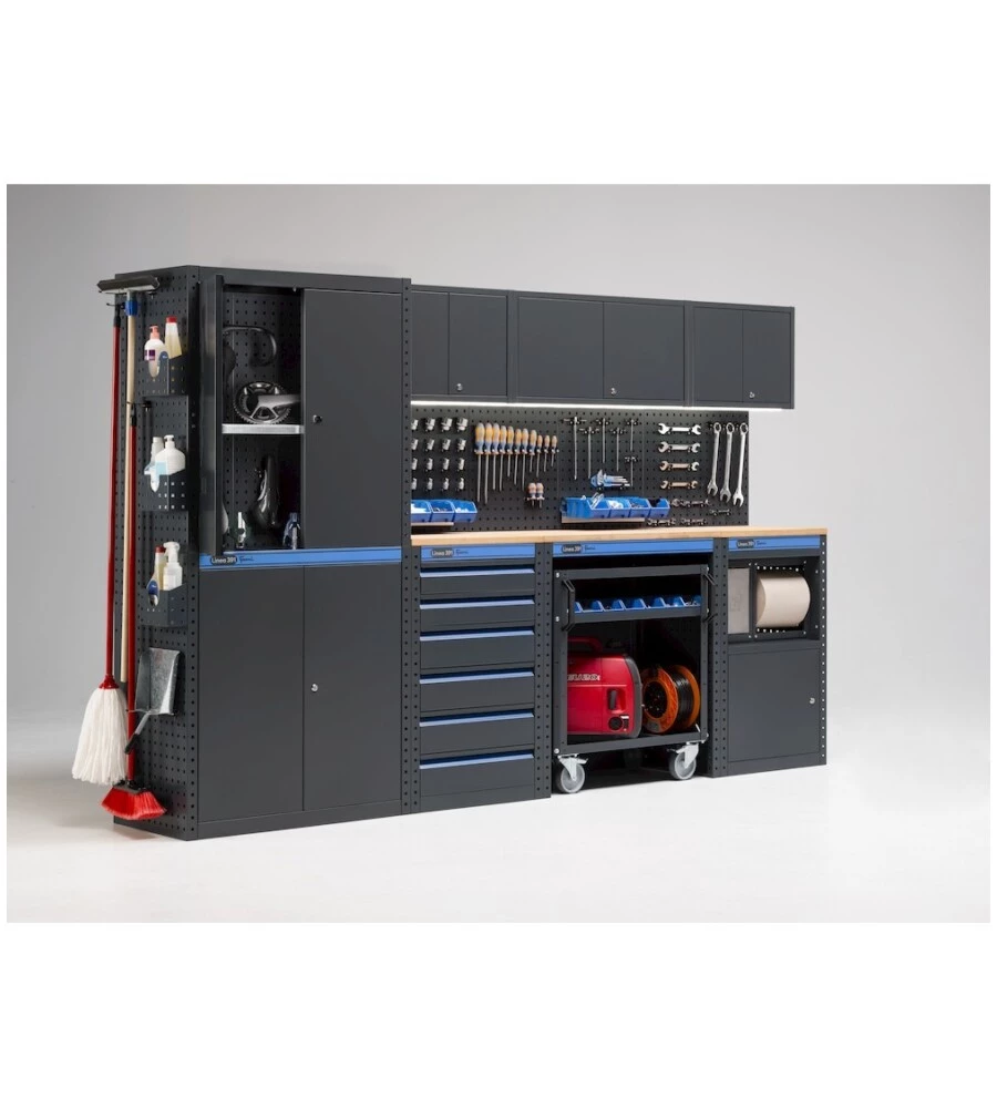 ARREDAMENTO MODULARE GARAGE FAMI "LINEA 391" CON ARMADI A DUE ANTE, CASSETTIERA, CARRELLO E MODULO DI SERVIZIO IN LAMIERA ANTRACITE 304X49,5X190 CM