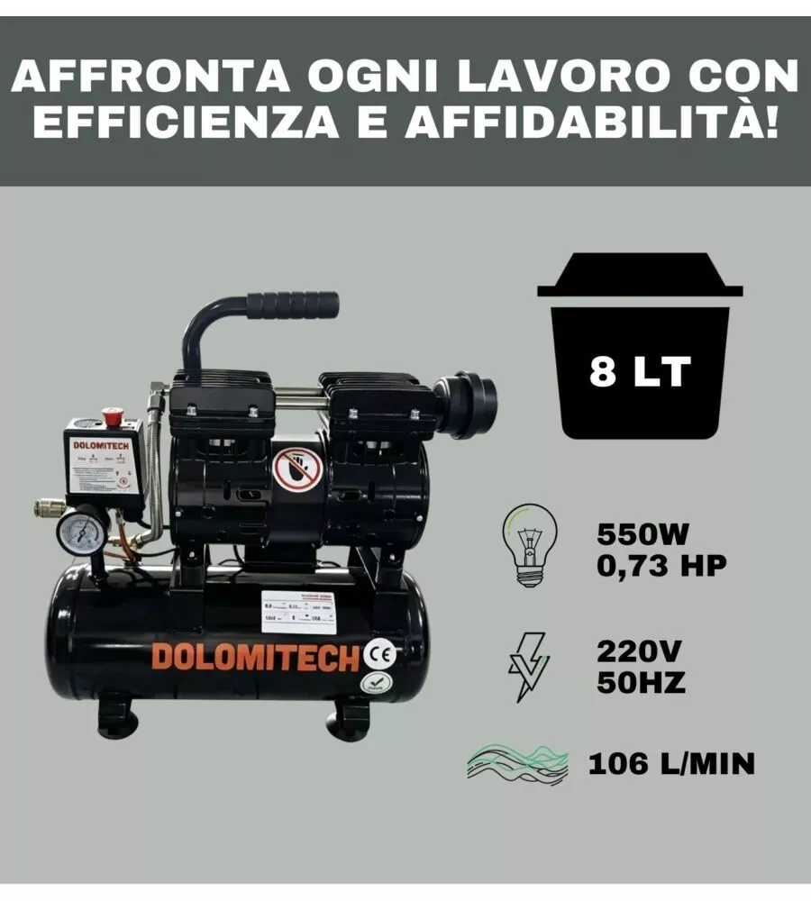 Compressore aria silenziato Dolomitech 8lt 0,73hp