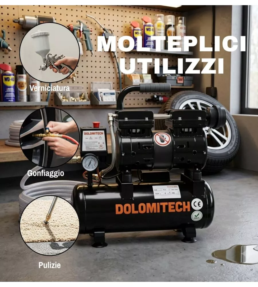 Compressore aria silenziato Dolomitech 8lt 0,73hp