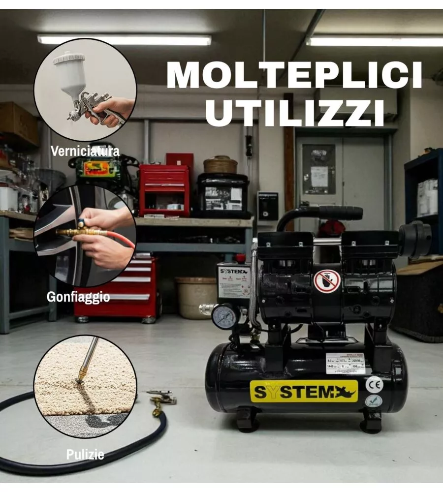 Compressore aria silenziato System+ 8lt 0,73hp