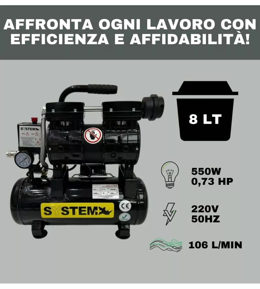 Compressore aria silenziato System+ 8lt 0,73hp