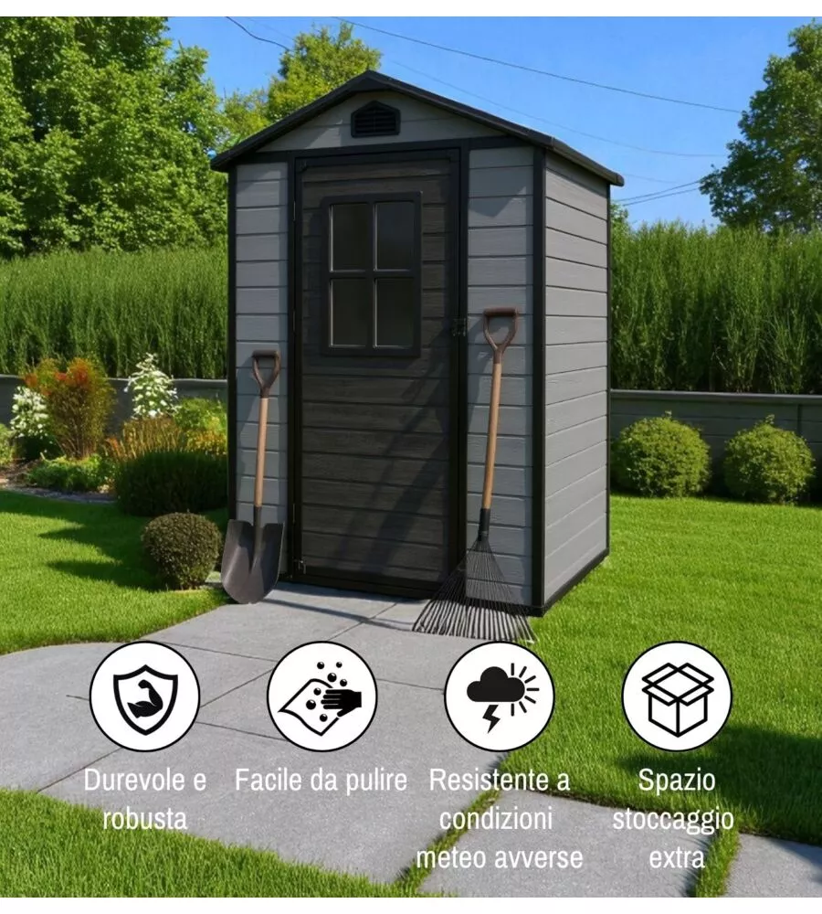Casetta da giardino Domus "Leonor 4x3" in resina grigio con porta battente singola 129x106x198 cm