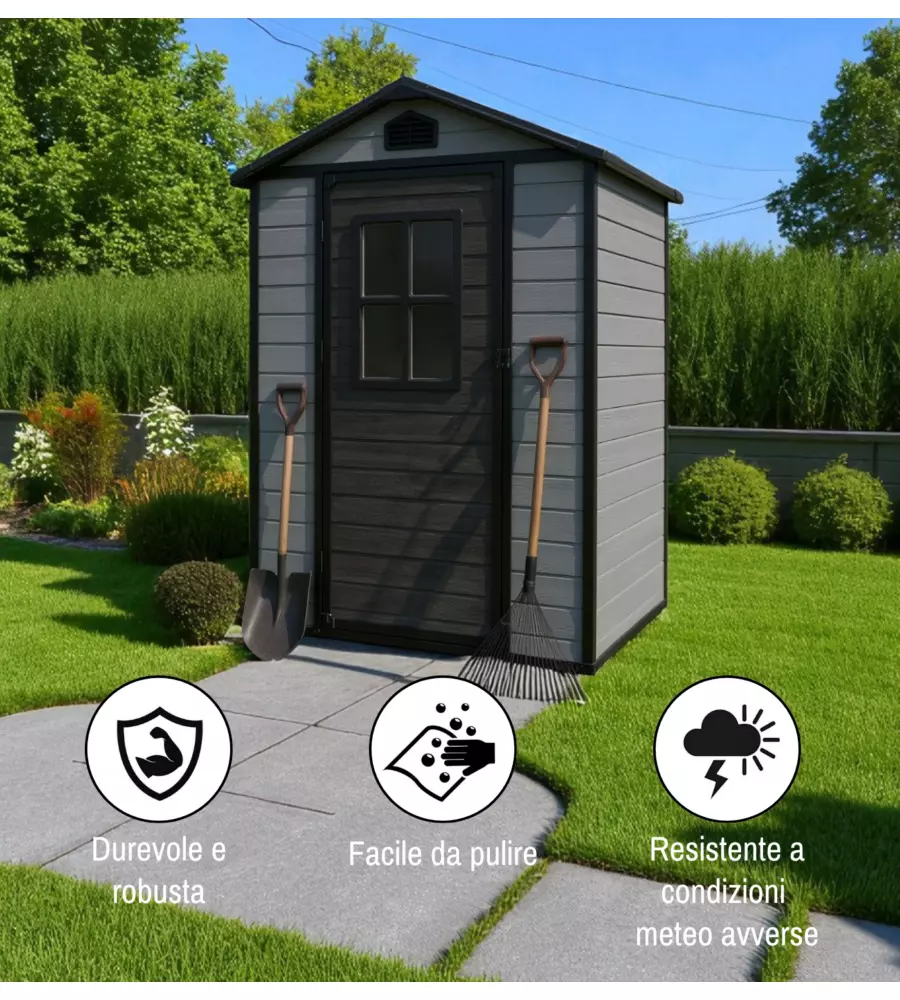 Casetta da giardino Domus "Leonor 4x3" in resina grigio con porta battente singola 129x106x198 cm