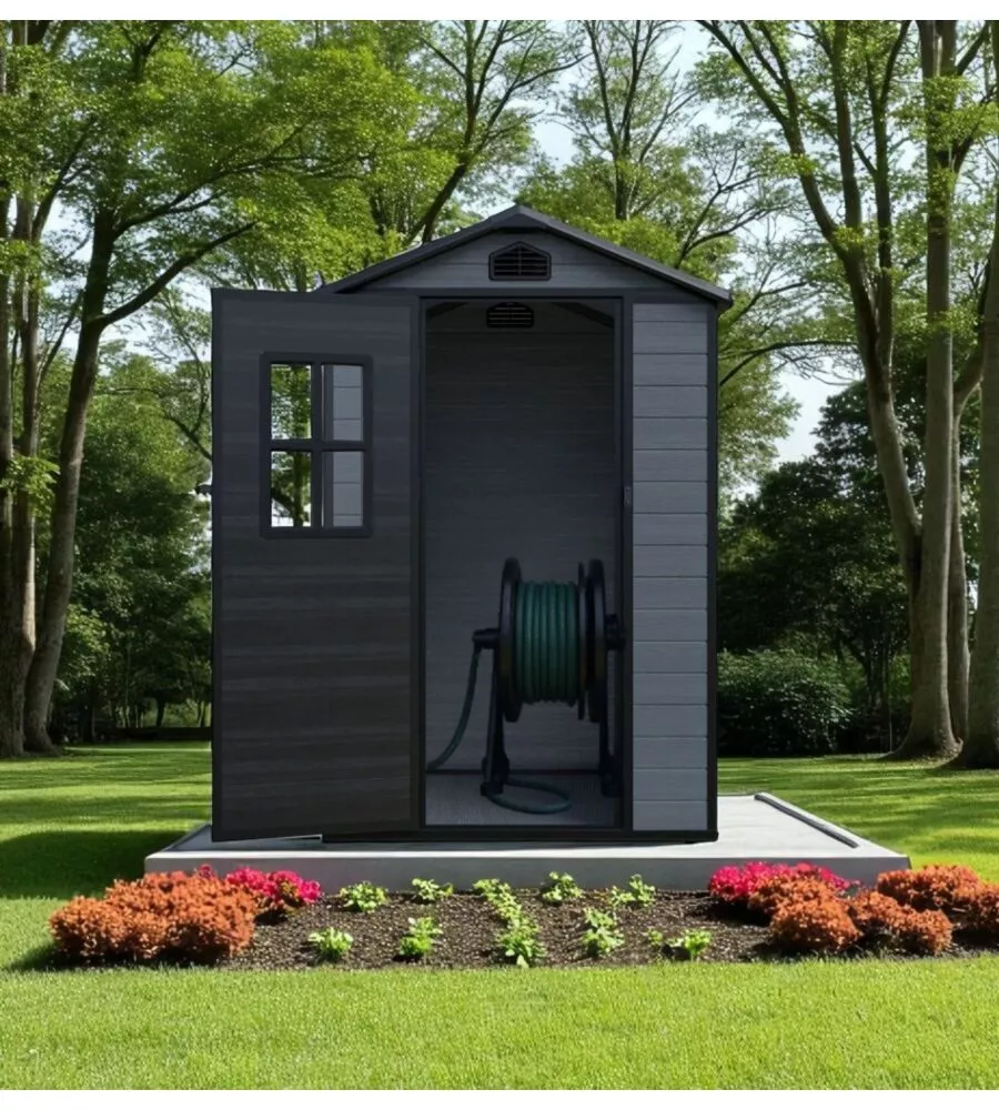 Casetta da giardino Domus "Leonor 4x3" in resina grigio con porta battente singola 129x106x198 cm