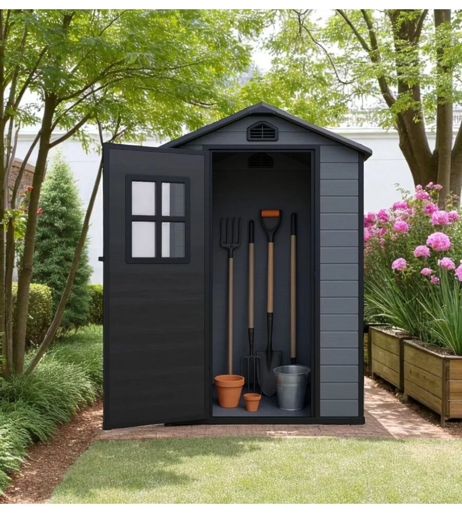 Casetta da giardino Domus "Leonor 4x3" in resina grigio con porta battente singola 129x106x198 cm