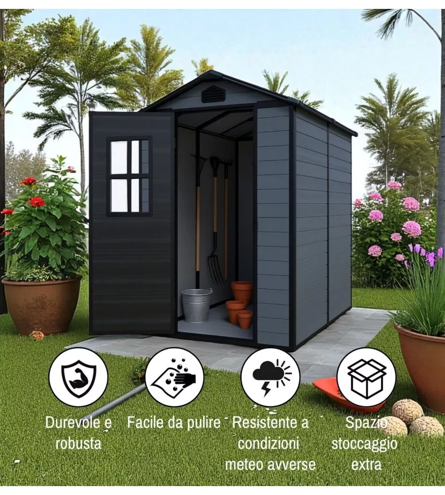 Casetta da giardino Domus "Leonor 4x6" in resina grigio con porta battente singola 134x194x198 cm
