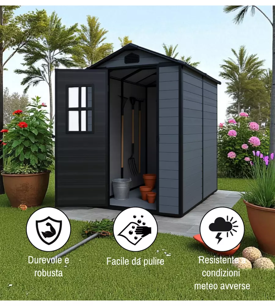 Casetta da giardino Domus "Leonor 4x6" in resina grigio con porta battente singola 134x194x198 cm