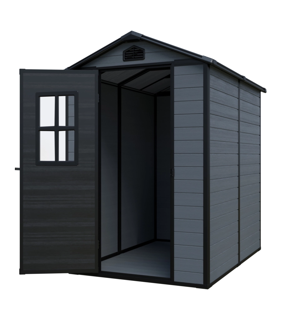 Casetta da giardino Domus "Leonor 4x6" in resina grigio con porta battente singola 134x194x198 cm