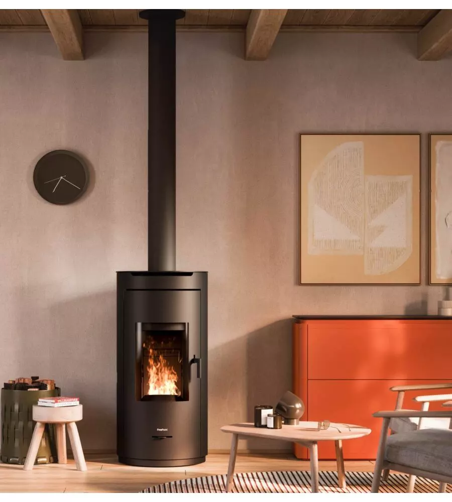 STUFA A LEGNA ERMETICA VENTILATA FREEPOINT "EOS 9 WOOD AIR T2" NERO 9 KW