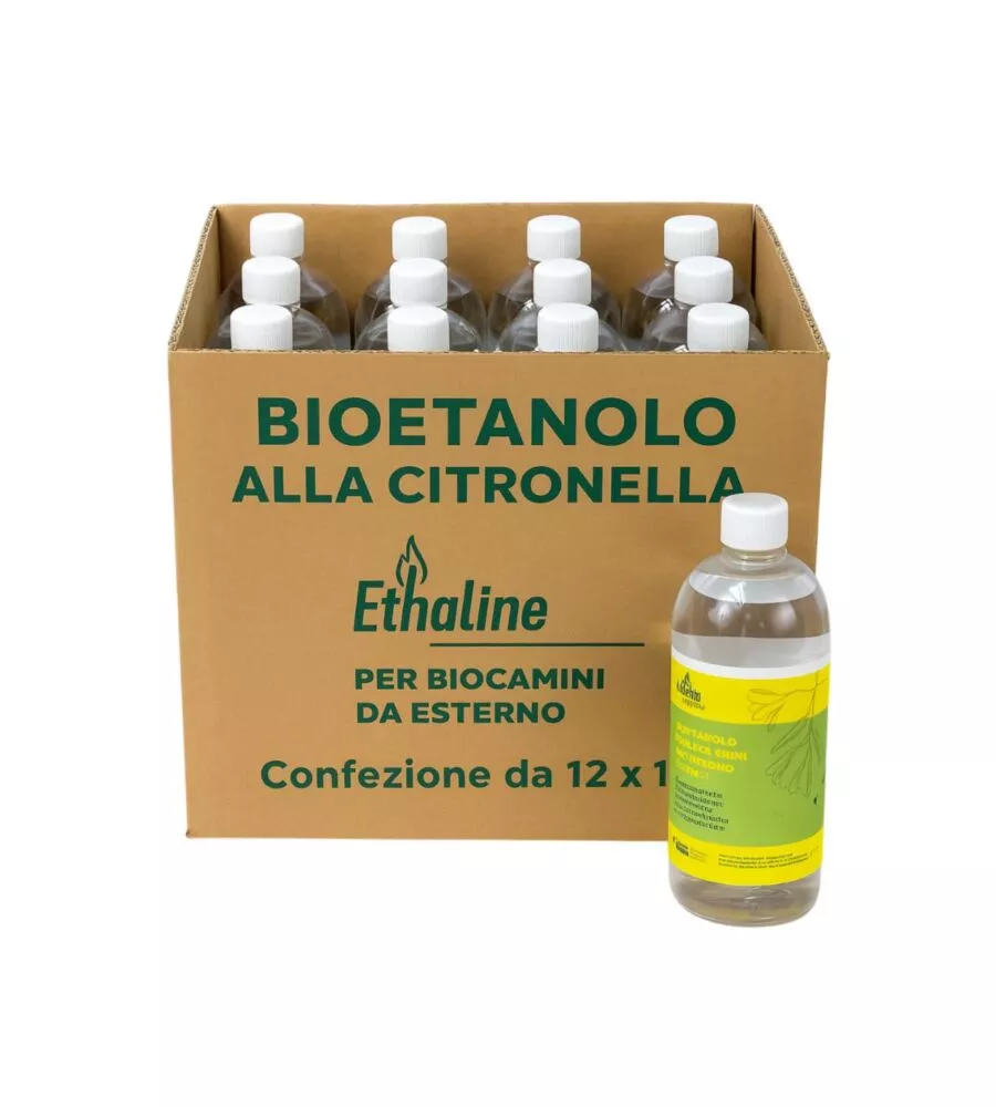 BIOETANOLO PER BIOCAMINI DA ESTERNO ETHALINE GARDEN CON CITRONELLA 12 BOTTIGLIE DA 1 LT - TOTALE DI 12 LITRI